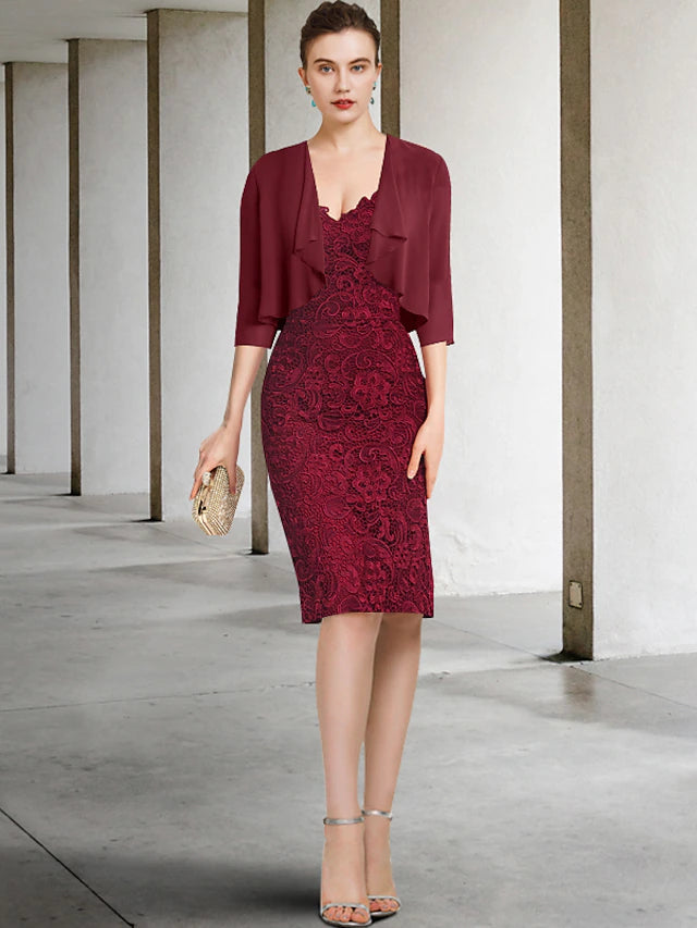 Luolandi Two Piece Sheath / Column Mother of the Bride Dress Formal Wedding Guest Party Elegant Off Shoulder Knee Length Chiffon Lace Short Sleeve